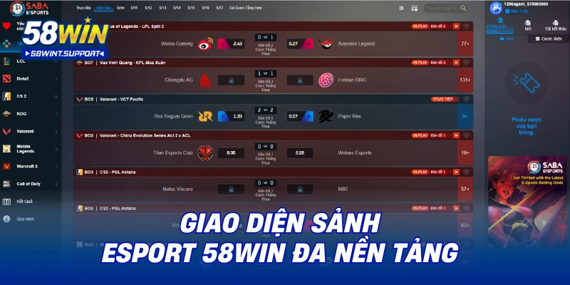 Giao diện sảnh Esport 58WIN đa nền tảng