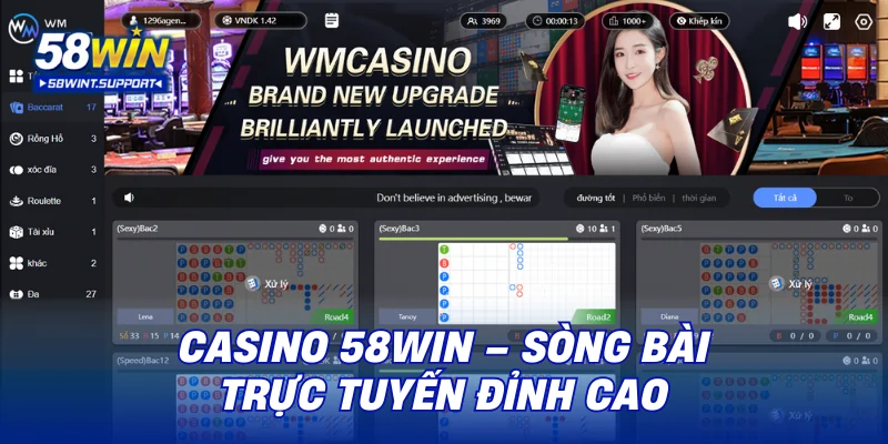 Giao diện lựa chọn game bài trong sảnh casino 58WIN